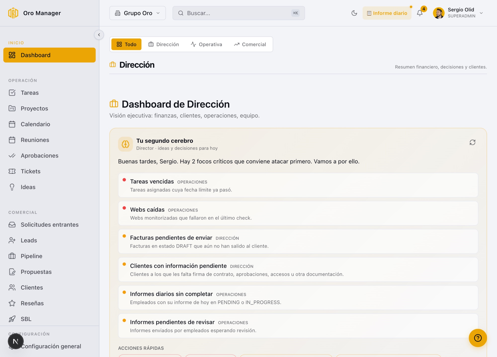 Dashboard de Dirección de Oro Manager con Oro Brain